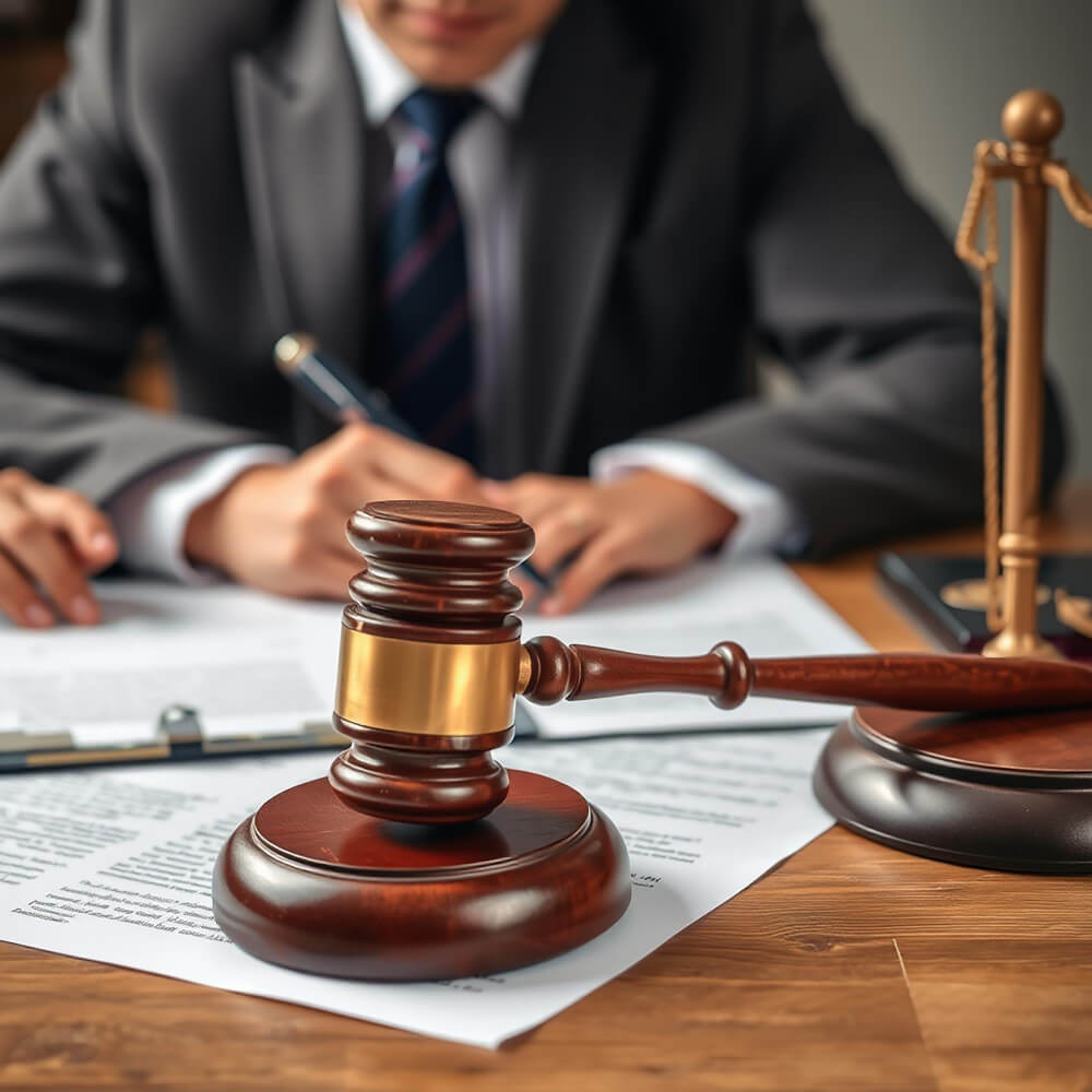Lawyer working on a documents and report of the important case and wooden gavel